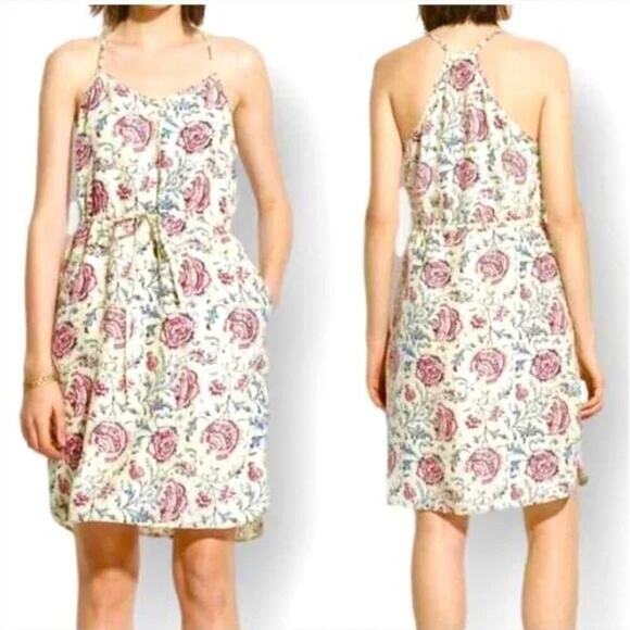 Madewell 100% Silk Floral Dress Waist Tie with Pockets Cream Gray Red, Size 4‎ - Picture 1 of 12